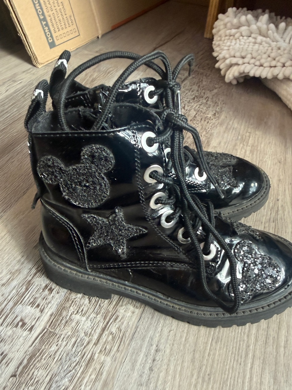 Patent Black Kids Lace-Up Boots with Glitter Mickey & Star Appliqués
